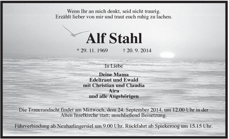  Traueranzeige für Alf Stahl vom 22.09.2014 aus Rhein-Zeitung