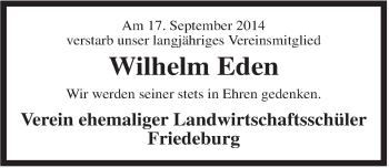 Traueranzeige von Wilhelm Eden von Wilhelmshavener Zeitung