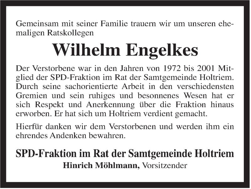  Traueranzeige für Wilhelm Engelkes vom 23.09.2014 aus Wilhelmshavener Zeitung