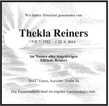 Traueranzeige von Thekla Reiners von Rhein-Zeitung