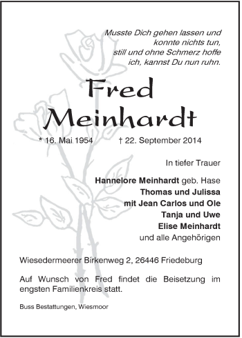 Traueranzeige von Fred Meinhardt von Rhein-Zeitung