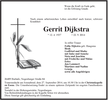 Traueranzeige von Gerrit Dijkstra von Rhein-Zeitung