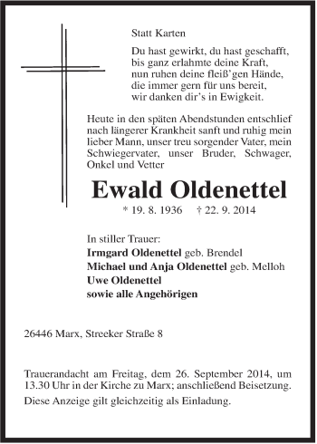 Traueranzeige von Ewald Oldenettel von Rhein-Zeitung