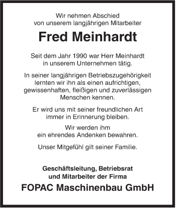 Traueranzeige von Fred Meinhardt von Rhein-Zeitung