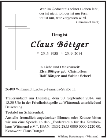 Traueranzeige von Claus Böttger von Rhein-Zeitung