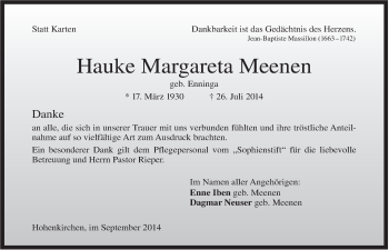 Traueranzeige von Hauke Margareta Meenen von Jeversches Wochenblatt
