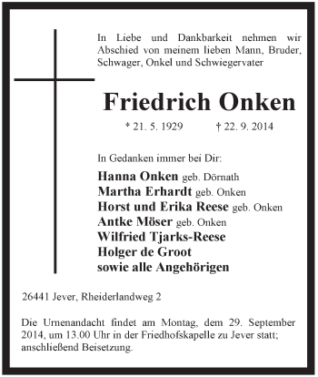 Traueranzeige von Friedrich Onken von Jeversches Wochenblatt