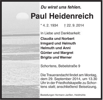 Traueranzeige von Paul Heidenreich von Jeversches Wochenblatt