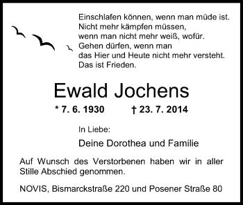 Traueranzeige von Ewald Jochens von Wilhelmshavener Zeitung
