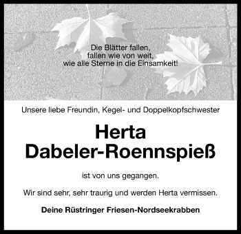 Traueranzeige von Herta Dabeler-Roennspieß von Wilhelmshavener Zeitung