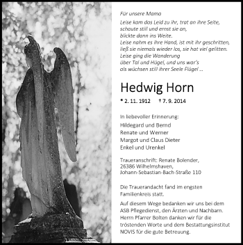 Traueranzeige von Hedwig Horn von Wilhelmshavener Zeitung