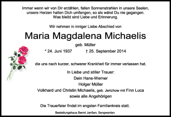 Traueranzeige von Maria Magdalena Michaelis von Wilhelmshavener Zeitung