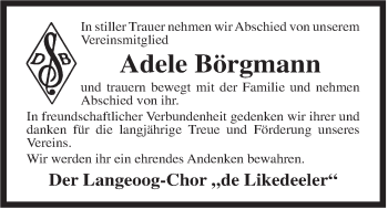 Traueranzeige von Adele Börgmann von Rhein-Zeitung