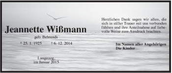 Traueranzeige von Jeanette Wißmann von Rhein-Zeitung