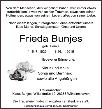 Traueranzeige von Frieda Bunjes von Wilhelmshavener Zeitung