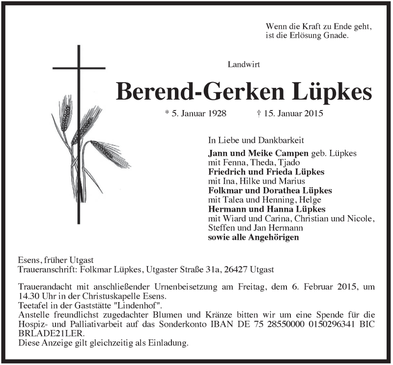  Traueranzeige für Berend-Gerken Lüpkes vom 31.01.2015 aus Rhein-Zeitung