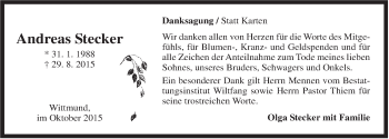 Traueranzeige von Andreas Stecker von Rhein-Zeitung