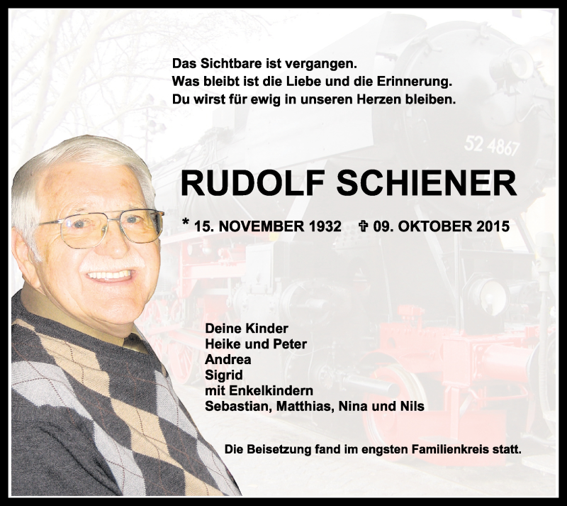  Traueranzeige für Rudolf Schiener vom 31.10.2015 aus Wilhelmshavener Zeitung