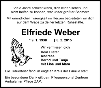 Traueranzeige von Elfriede Weber von Wilhelmshavener Zeitung