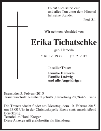 Traueranzeige von Erika Tichatschke von Rhein-Zeitung
