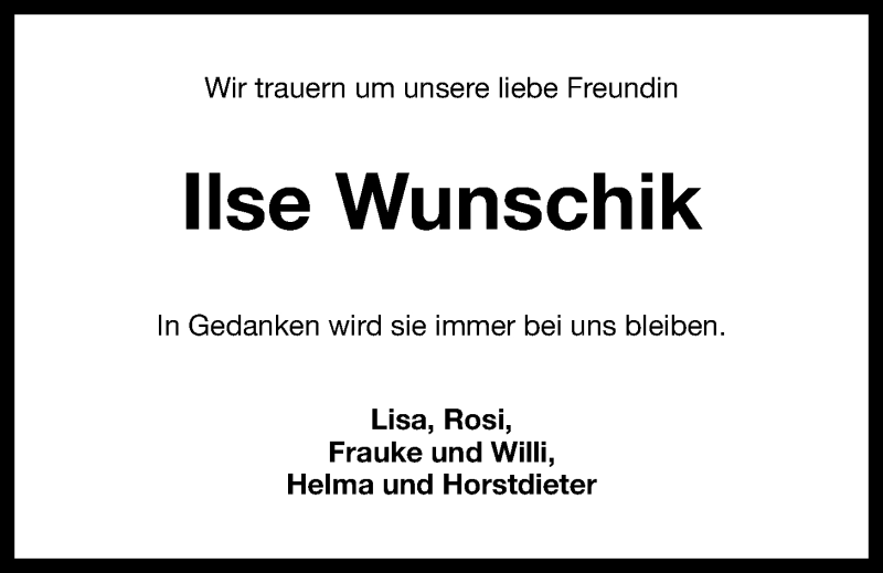  Traueranzeige für Ilse Wunschik vom 28.02.2015 aus Wilhelmshavener Zeitung