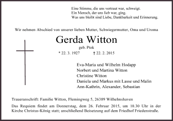 Traueranzeige von Gerda Witton von Wilhelmshavener Zeitung