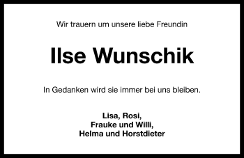 Traueranzeige von Ilse Wunschik von Wilhelmshavener Zeitung
