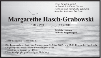 Traueranzeige von Margarethe Hasch-Grabowski von Rhein-Zeitung