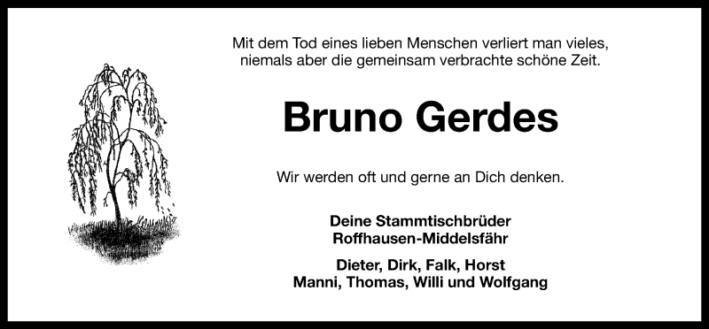  Traueranzeige für Bruno Gerdes vom 18.02.2015 aus Wilhelmshavener Zeitung