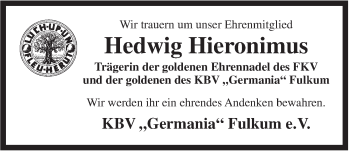 Traueranzeige von Hedwig Hieronimus von Rhein-Zeitung