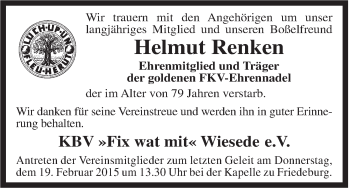 Traueranzeige von Helmut Renken von Rhein-Zeitung