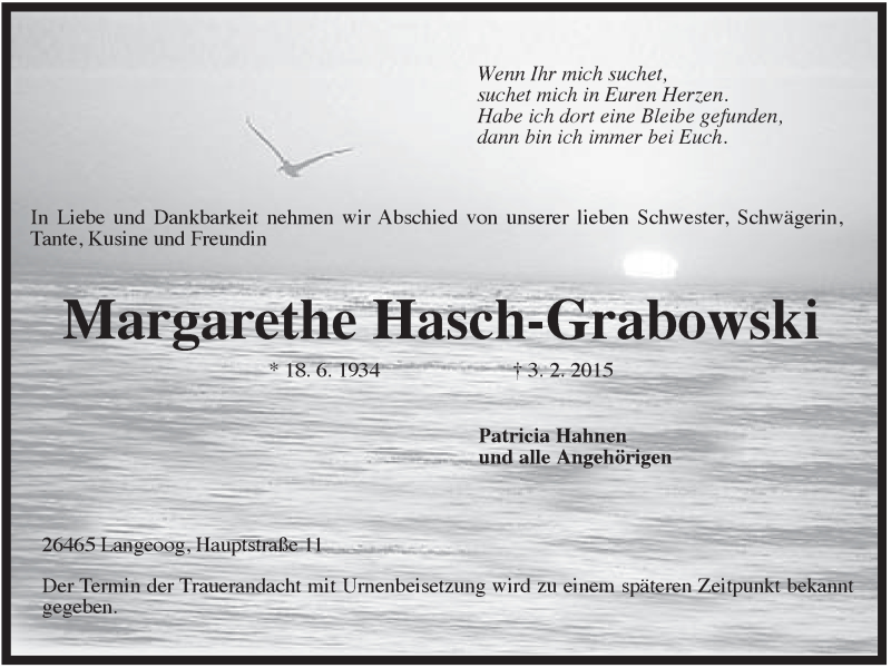  Traueranzeige für Margarethe Hasch-Grabowski vom 05.02.2015 aus Rhein-Zeitung