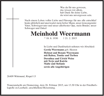 Traueranzeige von Meinhold Weermann von Rhein-Zeitung