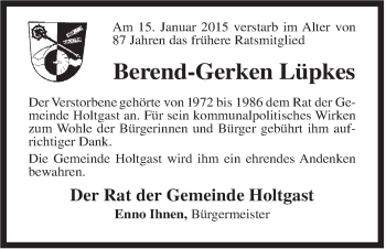 Traueranzeige von Berend-Gerken Lüpkes von Rhein-Zeitung