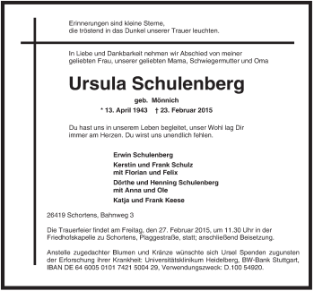 Traueranzeige von Ursula Schulenberg von Jeversches Wochenblatt