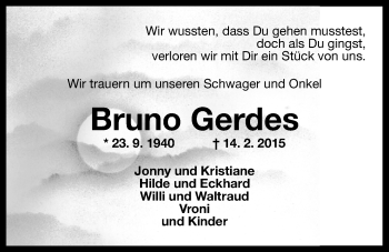 Traueranzeige von Bruno Gerdes von Wilhelmshavener Zeitung