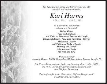 Traueranzeige von Karl Harms von Jeversches Wochenblatt