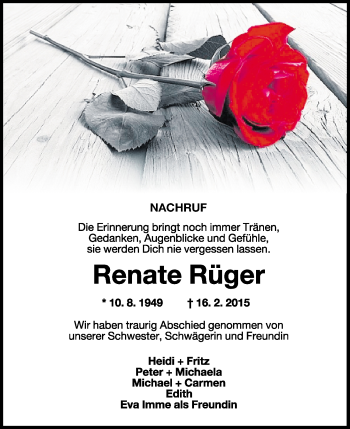 Traueranzeige von Renate Rüger von Wilhelmshavener Zeitung