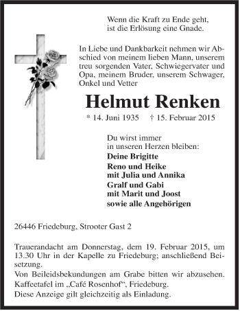 Traueranzeige von Helmut Renken von Rhein-Zeitung