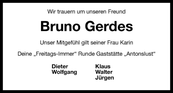 Traueranzeige von Bruno Gerdes von Wilhelmshavener Zeitung