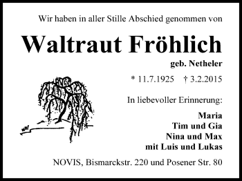 Traueranzeige von Waltraut Fröhlich von Wilhelmshavener Zeitung