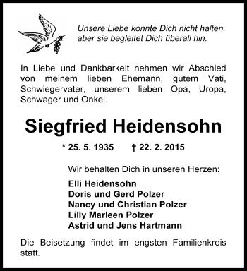Traueranzeige von Siegfried Heidensohn von Wilhelmshavener Zeitung