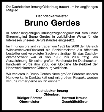 Traueranzeige von Bruno Gerdes von Wilhelmshavener Zeitung