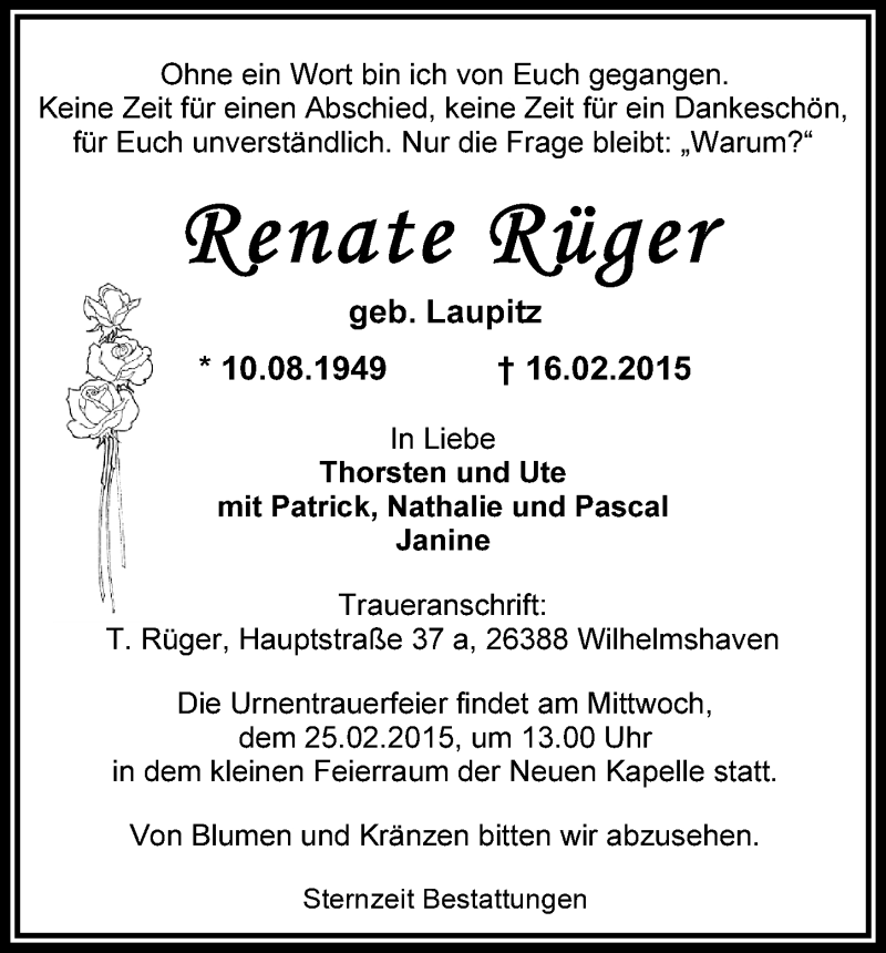  Traueranzeige für Renate Rüger vom 21.02.2015 aus Wilhelmshavener Zeitung