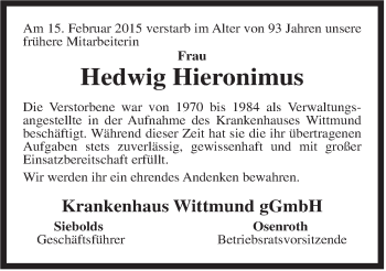 Traueranzeige von Hedwig Hieronimus von Rhein-Zeitung