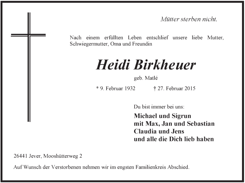  Traueranzeige für Heidi Birkheuer vom 28.02.2015 aus Jeversches Wochenblatt