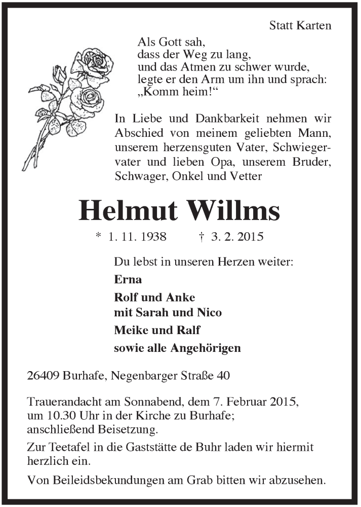  Traueranzeige für Helmut Willms vom 05.02.2015 aus Rhein-Zeitung