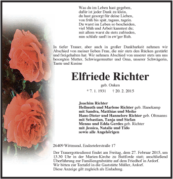 Traueranzeige von Elfriede Richter von Rhein-Zeitung