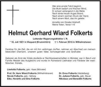 Traueranzeigen Von Helmut Gerhard Wiard Folkerts | Nordwest-trauer.de