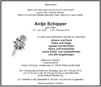 Traueranzeige von Antje Schipper von Rhein-Zeitung